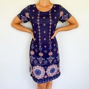 Sherosa navy blue boho henna medallion casual t-shirt shift dress size medium